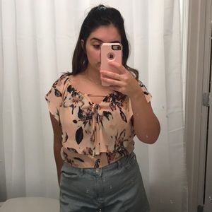 Floral pink lace up blouse